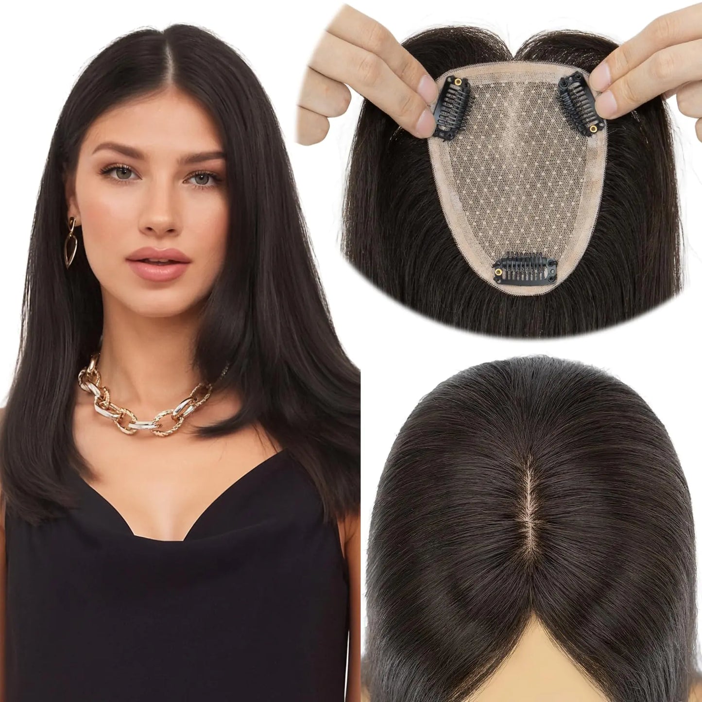 Elailite Human Hair Toppers for Women Real Human Hair for Thinning Hair 9 * 12CM Silk Base Hair Pieces No Bangs Clip in Remy Hairpieces Hand-Tied 10 Inch Natural Black