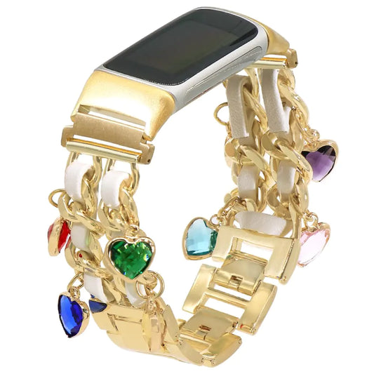 C&L Accessories Compatible with Fitbit Charge 6 Bands/Fitbit Charge 5 Bands for Women Metal Leather Bracelet Adjustable Replacement Bands Bangle Band with Charms (Gold/White/Hearts)