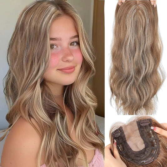 HAIRCUBE 20 inch Wavy Hair Toppers for Women Heat Resistant Fibre Synthetic 6 * 6 inch Base Toppers Hair Pieces for Women with Thinning Hair(Light Brown & Ash Blonde)