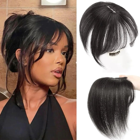 Iwig Hair Toppers For Women Real Human Hair 360° 3D Cover Human Hair Topper with Bangs Hair Pieces Wispy Bangs Hair Extensions Clip in Bangs with Thinning Hair for Daily Wear Natural Black