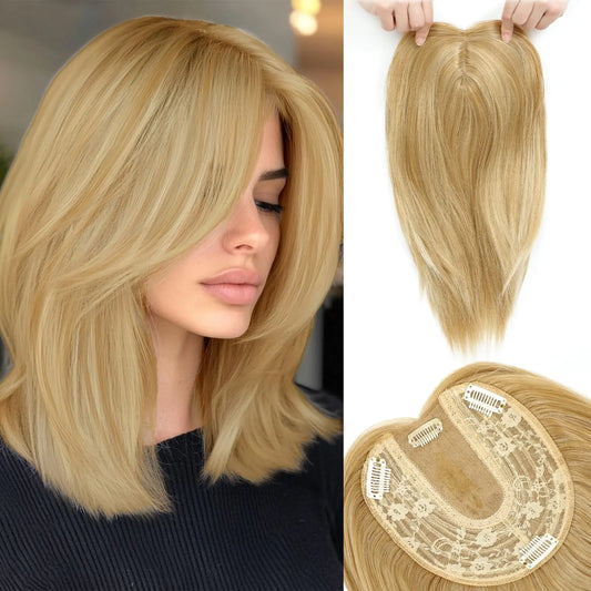 Hair Toppers for Women with Thinning Hair 14 Inch Champagne Blonde Hair Topper for Women with Highlights Straight Toppers Hair Pieces for Women Synthetic Hairline Topper for Women with Side Bangs